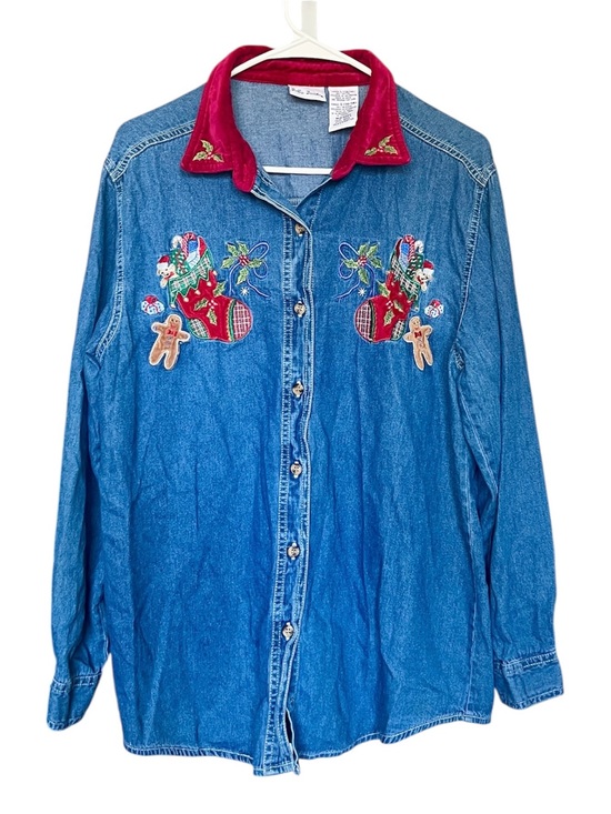 Bobbie Brooks Tops - VTG Bobbie Brooks Christmas Theme Denim Button Up Shirt SZ L Velour Holiday